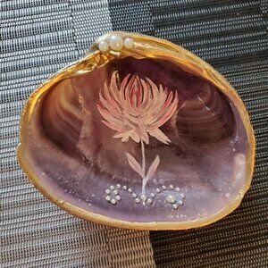 Shell Hand Painted Floral Lotus Liquid Gold Leaf Trim Trinket Dish-Pretty Purple